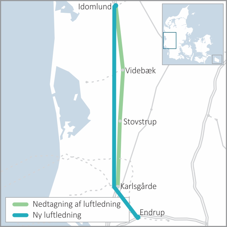 Oversigtskort over Endrup-Idomlund-projektet. Linjeføringen af den nye luftledning er ikke fastlagt.